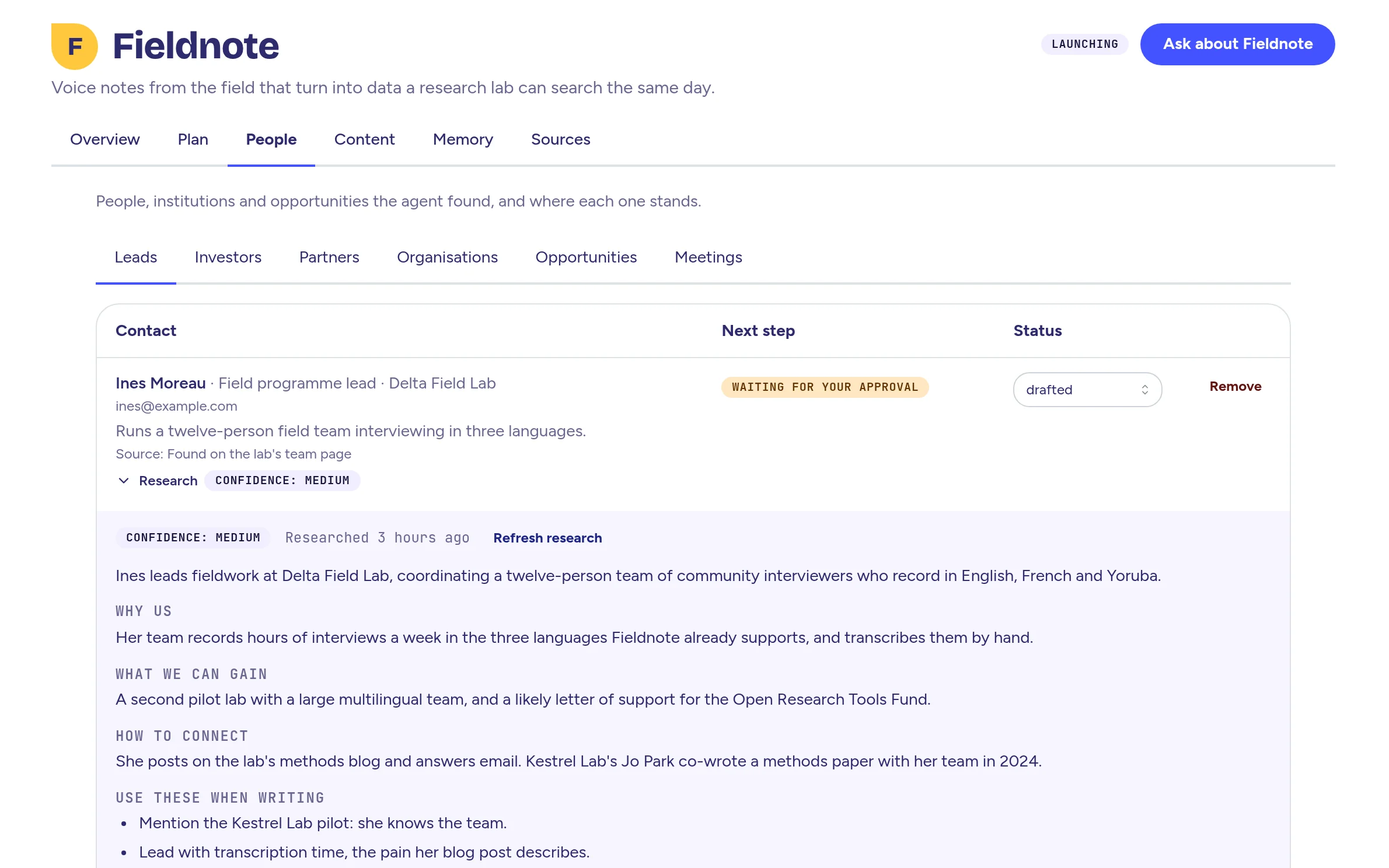 A project's People tab, with a contact's research dossier open
